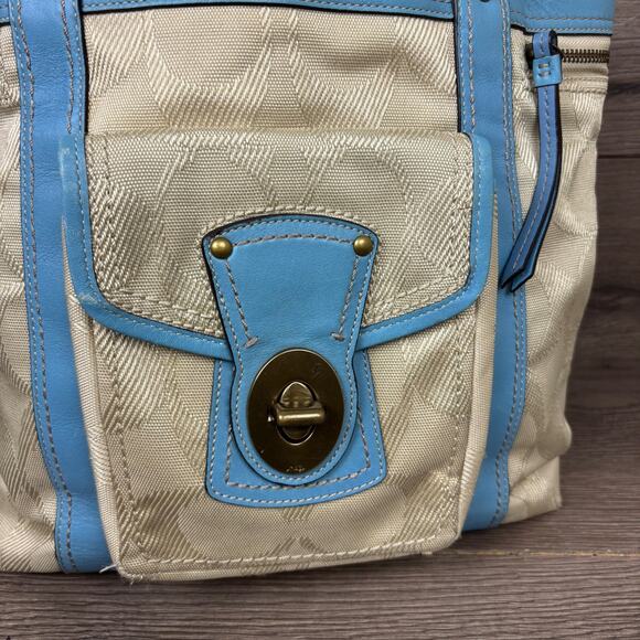 Coach Work Tote Bag K0893-F13103 Khaki Blue Leather Trim Turnlock Front Pocket - Picture 7 of 15